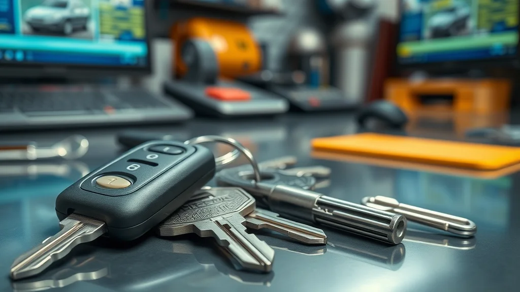 Close-up of car keys and house keys for Eustis duplication, photorealistic keys on a counter among locksmith tools and digital displays