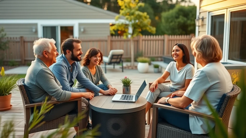 Inviting family gathering on a modern smart deck in Eustis with integrated speakers and lighting, lush landscaping, and safe family-friendly design.