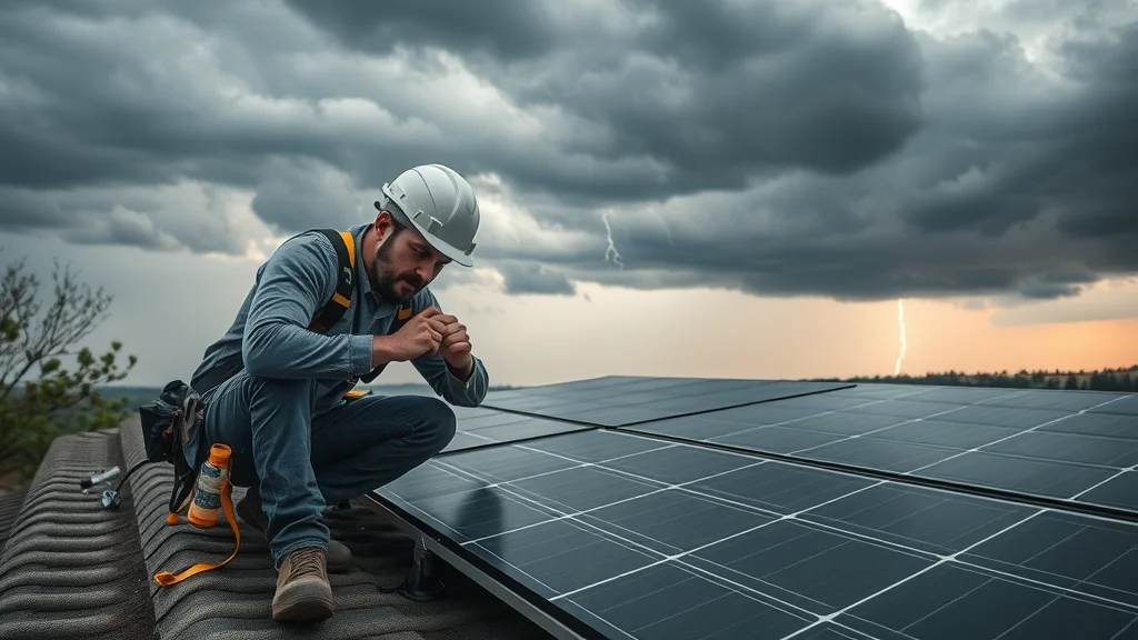 Solar installer adding wind protection to panels in Eustis Florida, storm clouds in background - companies in Eustis