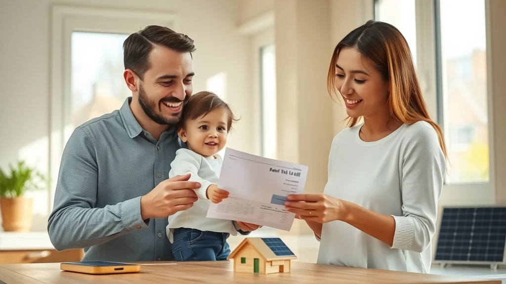 Happy family celebrates low utility bill at home thanks to solar panel lighting systems and solar power savings.