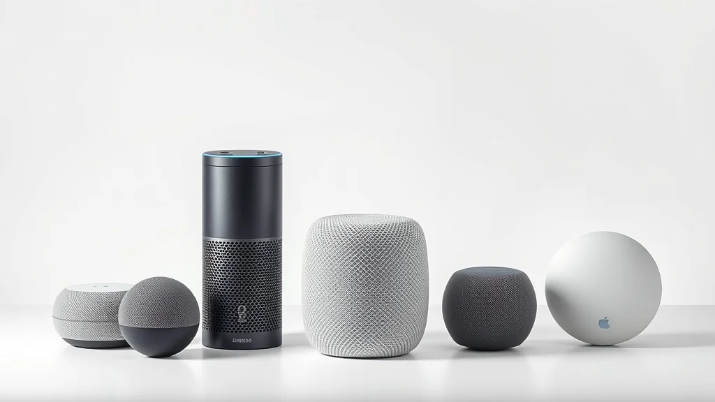 Lineup of leading voice assistant compatible speakers including Google Home, Amazon Echo, Apple HomePod, Samsung SmartThings