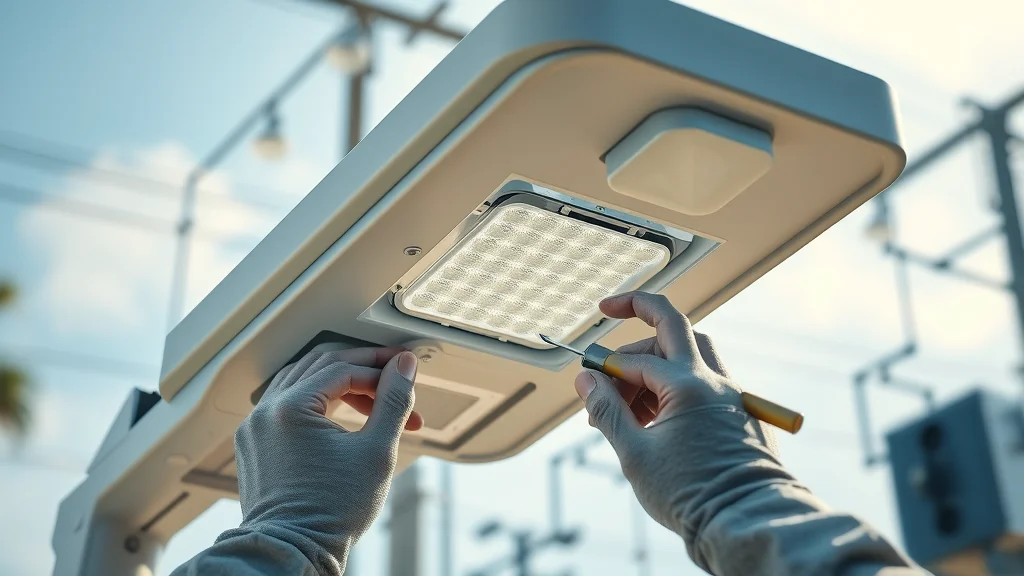 Cutaway view of a modern solar street light showing solar panel, LED array, motion sensor components, maintenance hands, high realism, Eustis environment.