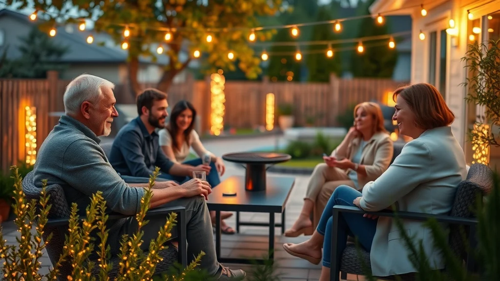 Inviting backyard with Eustis solar deck lights illuminating a cozy patio and walkway at dusk, warm golden and earthy tones, people enjoying BBQ, modern outdoor furniture, solar deck lights glowing under ambient lighting.
