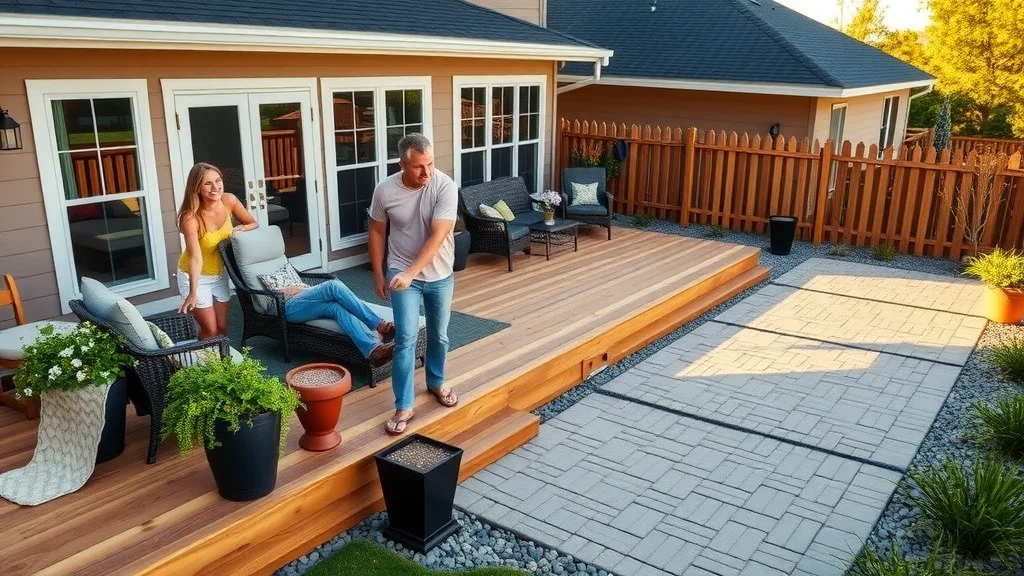 Beautiful Eustis smart deck with paver integration, satisfied homeowners, seamless wooden deck and paver patio transition, sunny backyard.