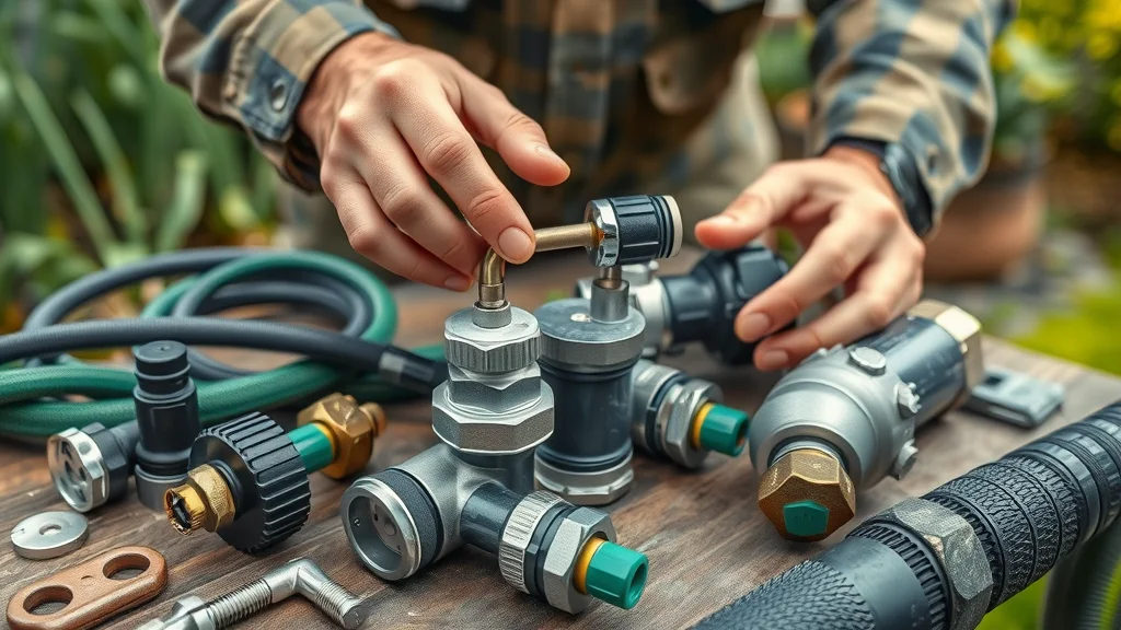 Modern sprinkler system components for Eustis FL lawn irrigation - close-up of technician's hands assembling sprinkler heads, hoses, control panels on outdoor workbench