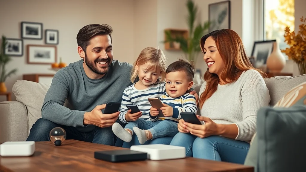 Cheerful Eustis family relaxes together in living room, interacting with smart home remotes and smartphones — subtle smart device LEDs, afternoon sun, family portrait ambiance.
