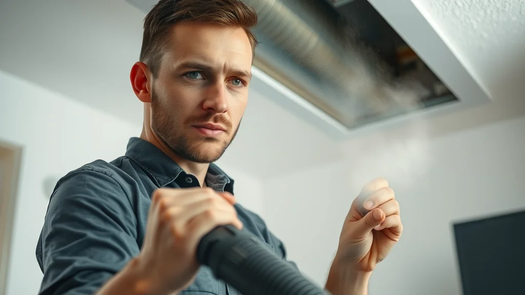 Skilled HVAC technician cleaning home air duct to remove dust, allergens, and improve system hygiene for indoor air quality