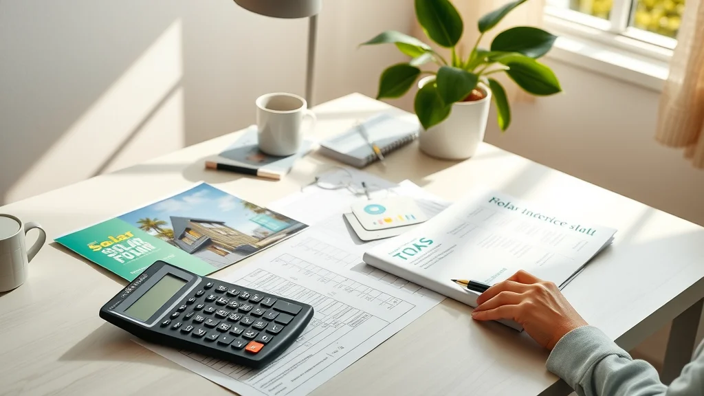 Homeowner calculating Florida solar tax credit next to solar incentive brochure and organized workspace