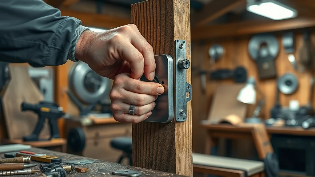 lock installation Eustis FL locksmith tools aligning lock in wood door professional workshop detailed metal wood surfaces