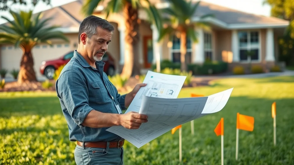 Landscape designer in Eustis FL examining blueprints and marking lawn areas for sprinkler installation among green turf and palm trees