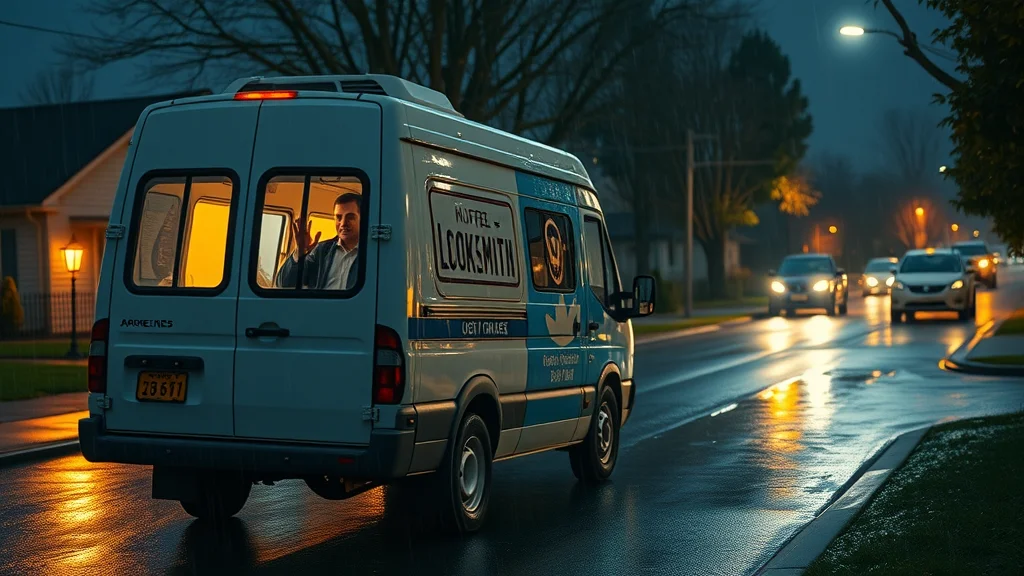 Mobile locksmith van arriving at night for emergency lockout service in Eustis FL, photorealistic, glowing streetlights, light rain, professional driver