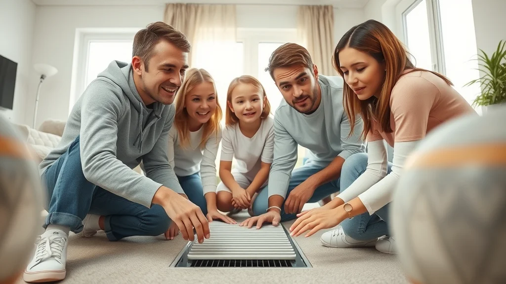 Bright, modern family examining air vent, expressions of curiosity and slight concern, gathered around a floor vent in a cozy living room. Home ventilation system cleaning visualized in a photorealistic contemporary home with visible dust particles and clean surroundings.