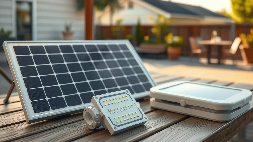 close-up of sleek solar lighting components including solar panel, LED module, and outdoor lighting fixture on a wooden table in an outdoor patio setting