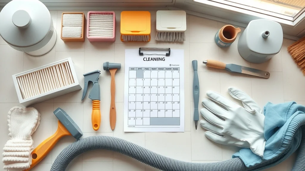 Tabletop view of organized HVAC cleaning tools and checklist for implementing energy efficiency and vent cleaning strategies