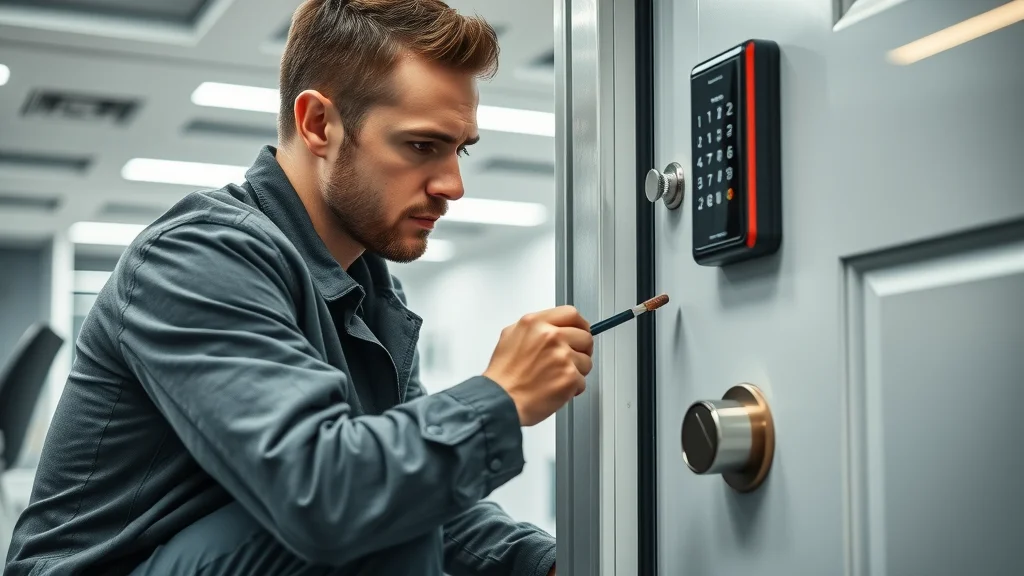 Technician installing a modern smart lock on a door, photorealistic, office or home interior Eustis FL, visible electronics and sleek hardware, chrome, black, soft whites theme