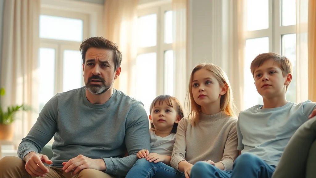 Bright residential living room showing visible dust particles in sunbeams, family looking concerned about indoor air quality from dirty air ducts and vents