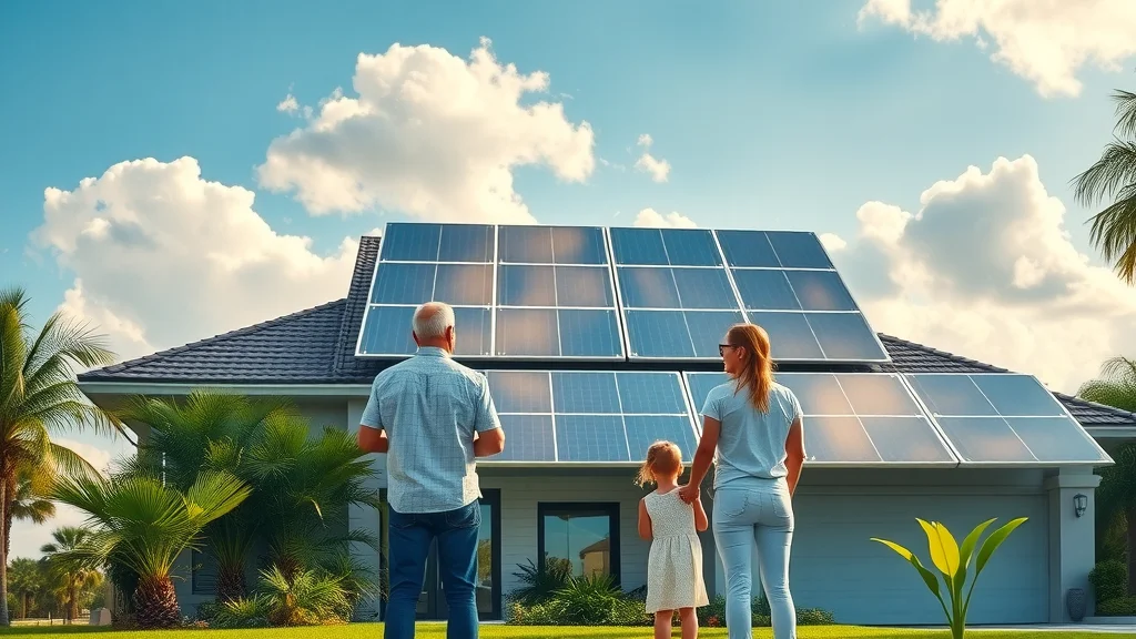 Satisfied Eustis family observing new solar panel installation on a modern Florida rooftop, vibrant yard and dynamic sunlight