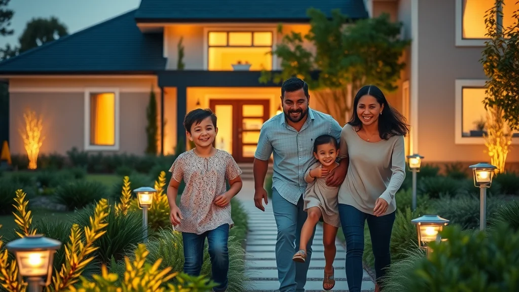 Bright modern home exterior at dusk with family enjoying solar lighting along a garden path, showcasing renewable energy lighting solutions in a well-maintained suburban neighborhood.
