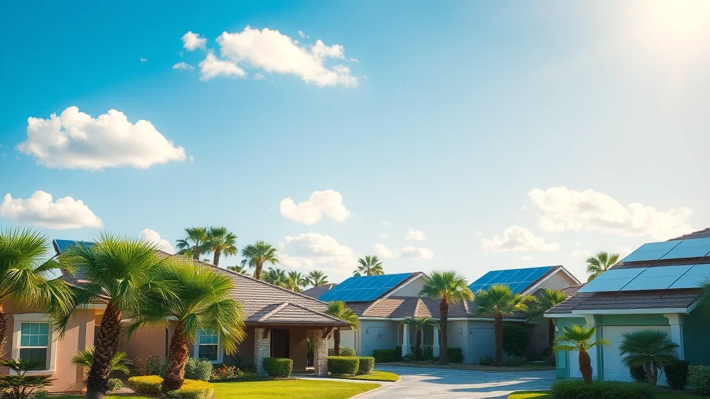 Solar panels on rooftops in Eustis neighborhood showcasing solar energy benefits Eustis residents enjoy under blue Florida skies with palm trees.