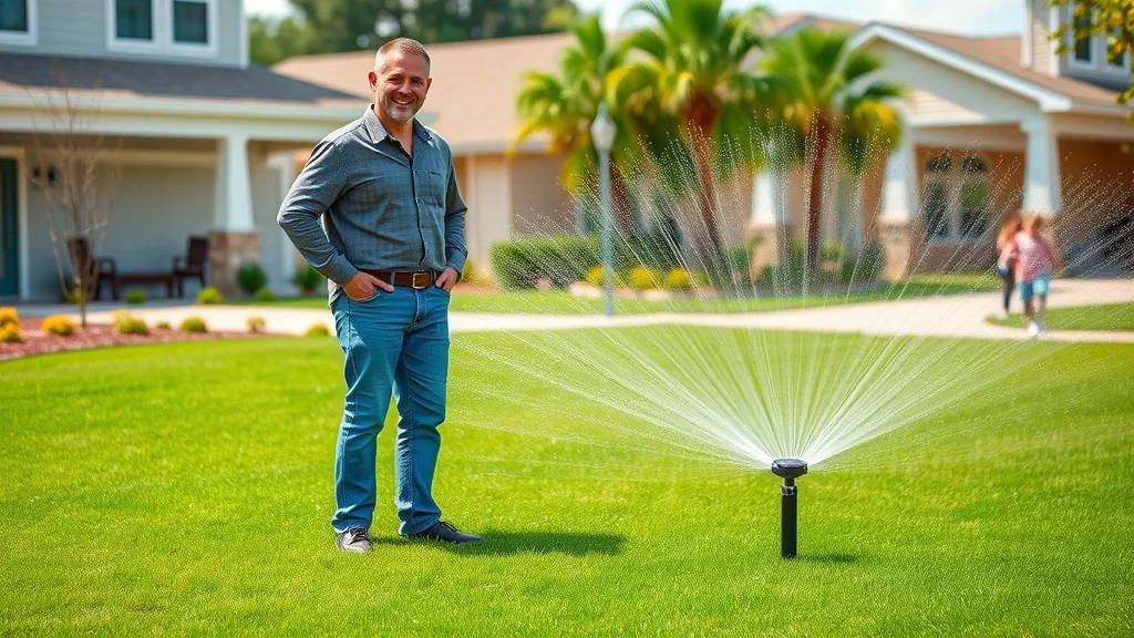 Inviting Eustis neighborhood lawn with cheerful homeowner admiring an active sprinkler system installed by best sprinkler installers Eustis, vibrant green grass under sunny skies, children playing in background