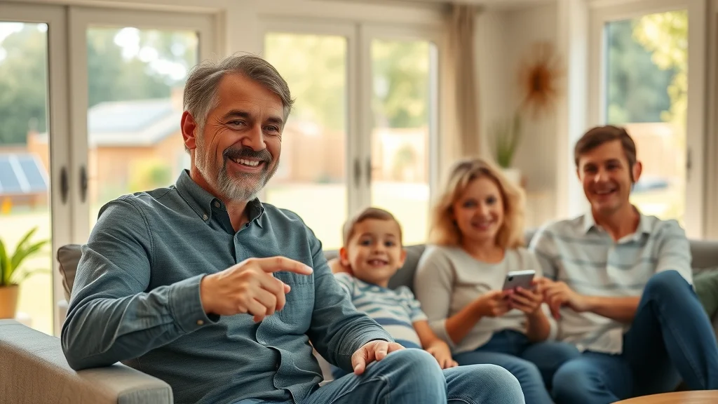 Happy Eustis homeowner with family, gesturing to smart thermostat and home panel, showing satisfaction with home automation and visible solar panels outside.