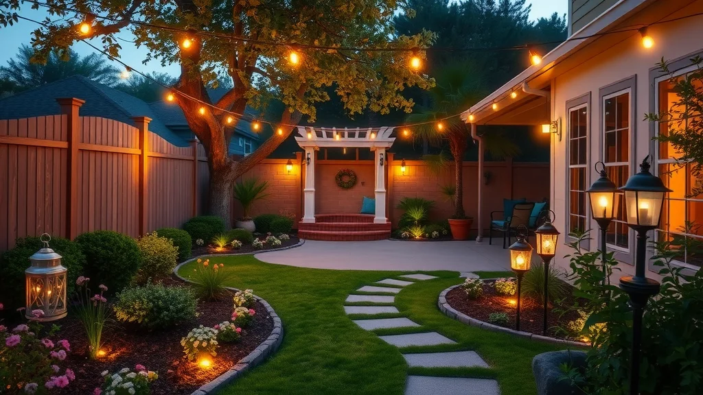 Charming Eustis backyard at twilight with diverse solar garden lights, including path, string, and lantern models