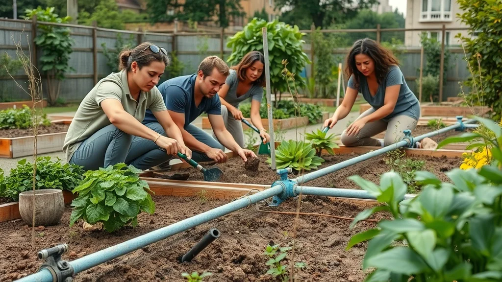 Community gardeners installing new water-efficient irrigation pipes for sustainable landscaping
