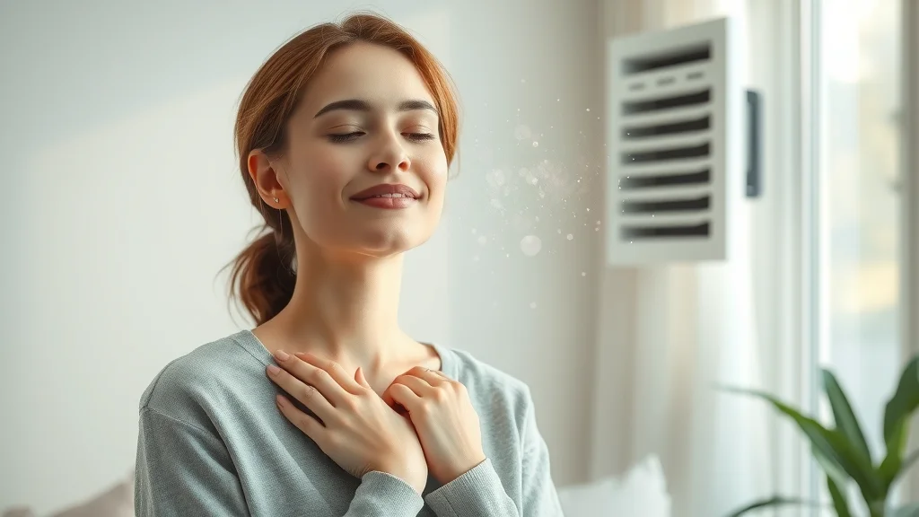 Content woman breathing fresh air next to a vent in a spotless living room, symbolizing improved air quality in Eustis FL