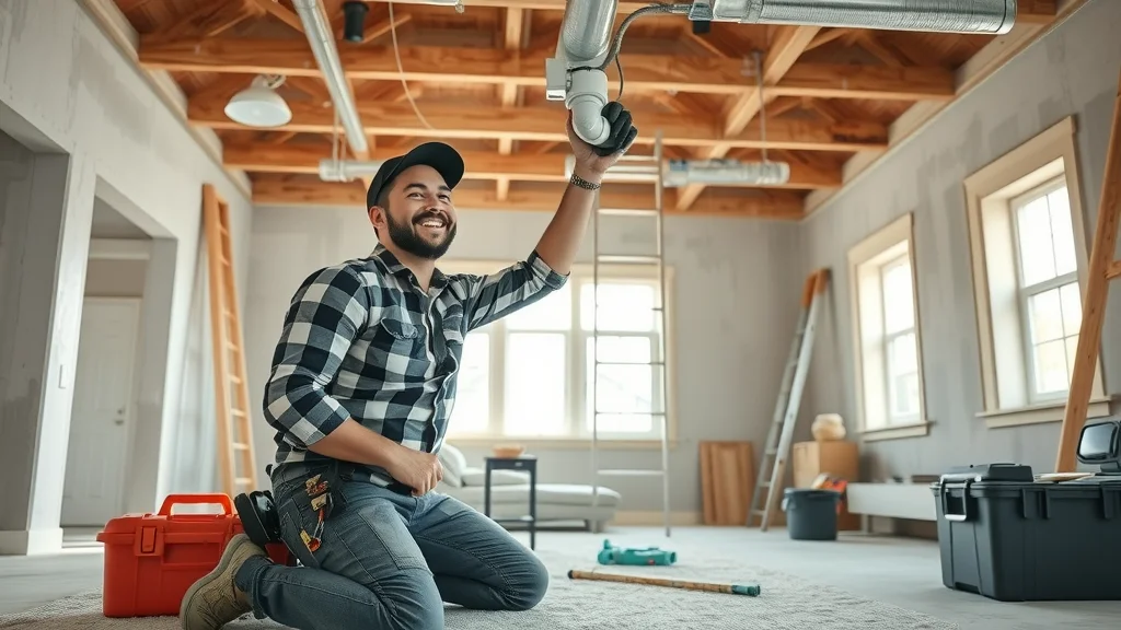 Installer attaching sprinkler head to ceiling pipe in a modern construction site, with toolbox and fire system parts present.