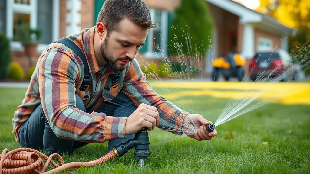 Modern sprinkler system installation Eustis - technician installing and adjusting sprinklers in a residential front yard, surrounded by pipes, tools, green grass, and earth