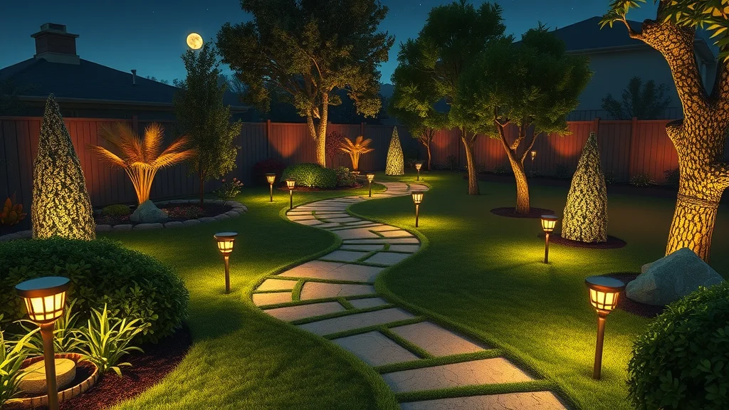 Serene landscaped garden glowing at night with eco-friendly solar panel lighting systems illuminating pathways.