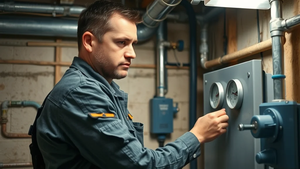 Technician with toolbelt inspecting fire sprinkler gauge on basement system panel, authentic pipes and control valves visible.