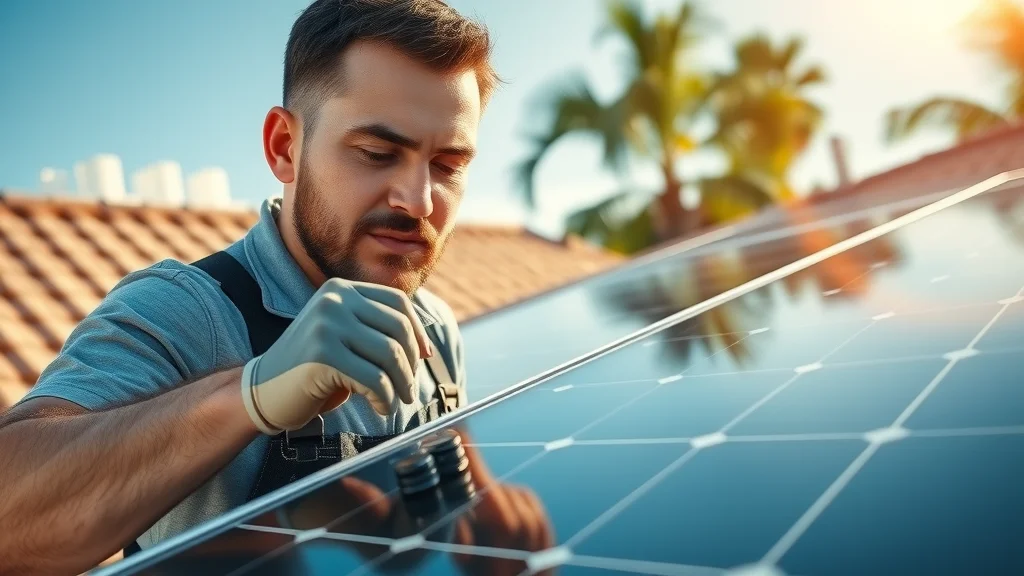 Close-up of solar panel installer in Eustis securing panels, demonstrating professional panel installation on a sunlit Florida home.