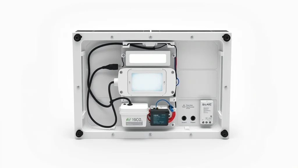 Detailed cutaway of a solar panel lighting system showing components of a solar panel lighting system including battery, LED light, and charge controller on a clean white background.