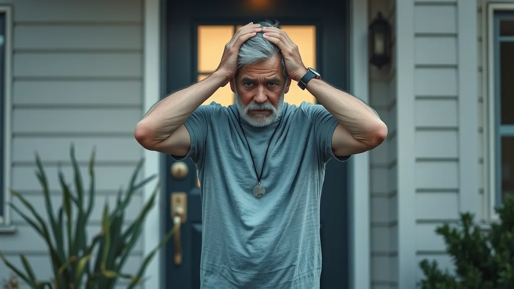 Worried homeowner locked out in Eustis by front door, seeking emergency locksmith help, in a misty suburban morning setting