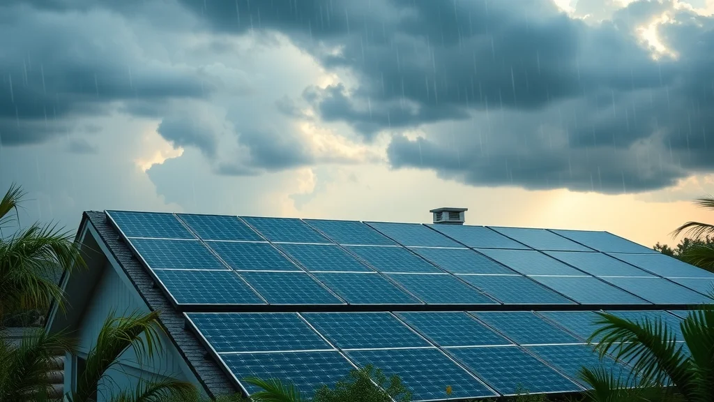 Photovoltaic solar panels on a Florida home during summer storm with dramatic clouds, sunlight breaking through, and wet surfaces.