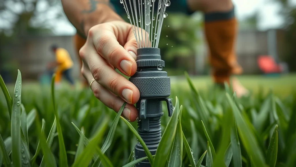 Close-up of an irrigation sprinkler head beaded with water droplets. Sprinkler maintenance Florida.