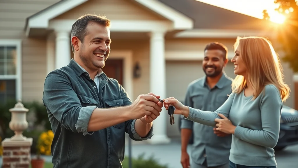 Friendly locksmith hands keys to Eustis family outside home after emergency lockout lock replacement