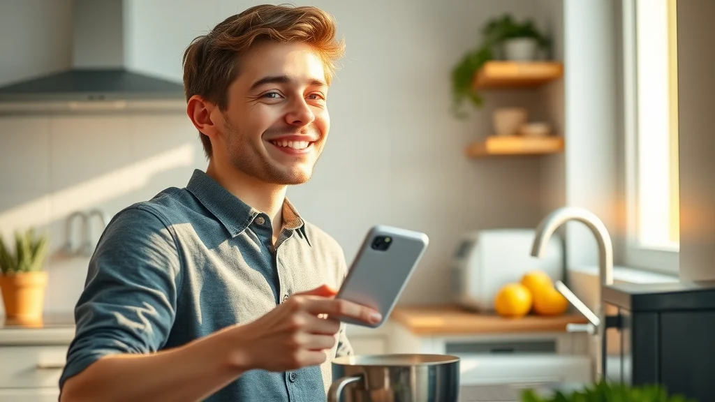 Young adult in Eustis kitchen using voice commands for smart device control and home automation
