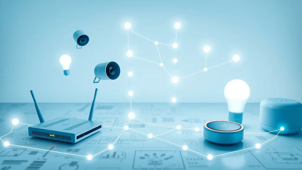 Infographic showing interconnected IoT devices, router, camera, light, smart speaker, and thermostat for Eustis compatibility