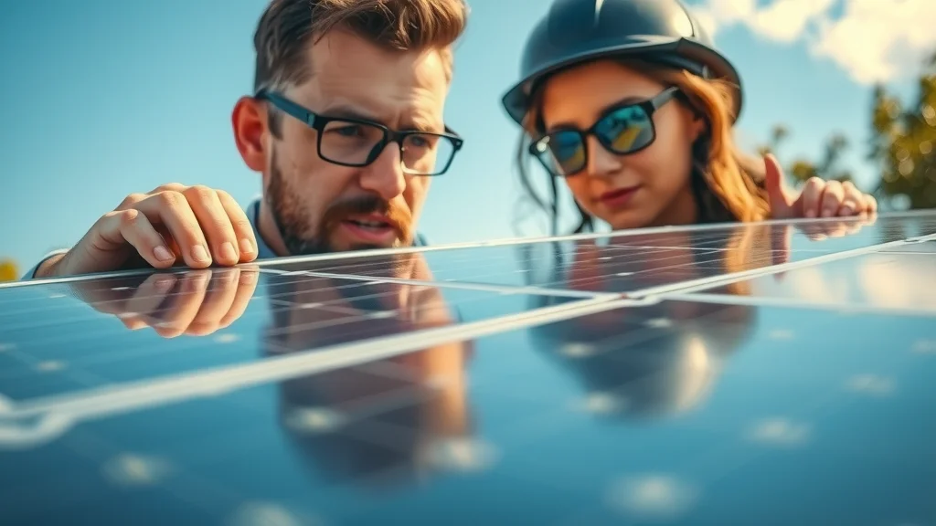 Close-up modern photovoltaic solar panels with technician examining panels on sunlit Eustis rooftop, sharp panel textures, clean sky, subtle foliage, HDR clarity, cool blues and silvers, crisp midday sunlight.