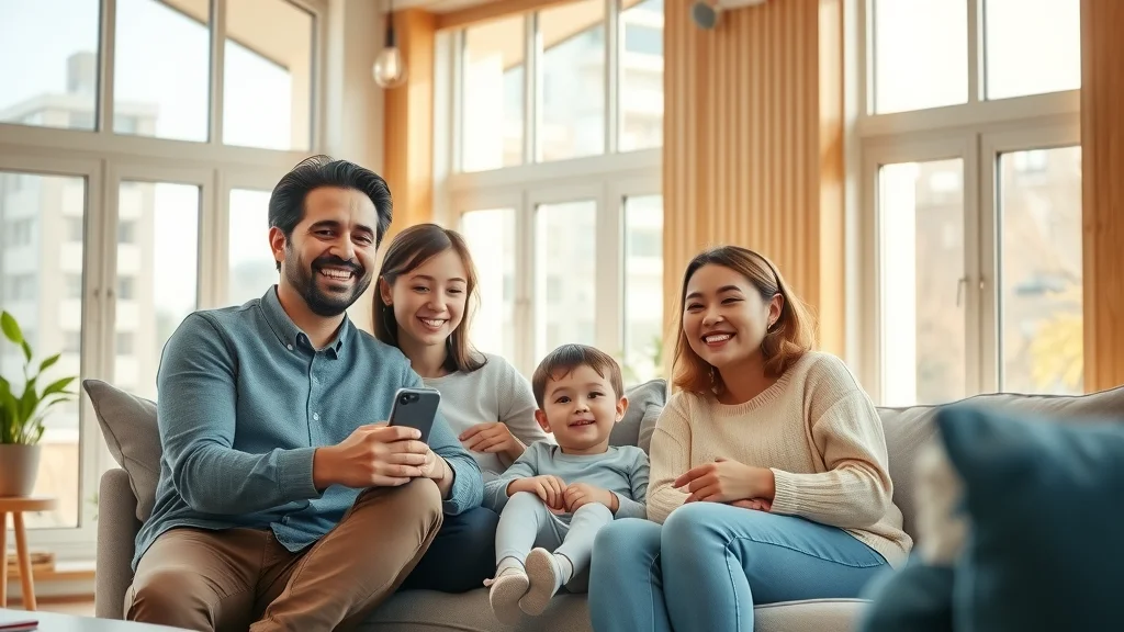 Bright modern living room using sustainable lighting solutions, featuring a young family in a relaxed, photorealistic setting with visible LED bulbs and daylight streaming in.