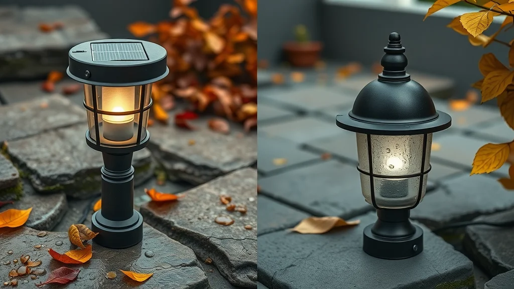 Comparison of durable Eustis solar light and weathered ordinary outdoor light side by side on a patio, highlighting rugged water resistance of Eustis solar deck lights.