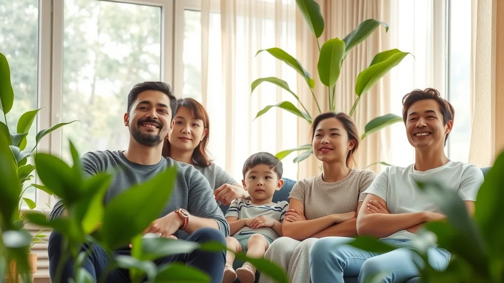 Family enjoying fresh indoor air with lush plants, large windows, and sunlight — indoor air quality improvement in a tranquil living room