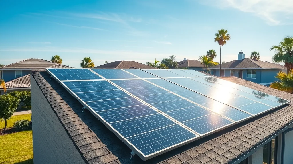 Clean modern solar panels on a residential Florida roof in Eustis, sunlight reflecting off the panels, lush green lawn, blue sky - solar panel maintenance Eustis