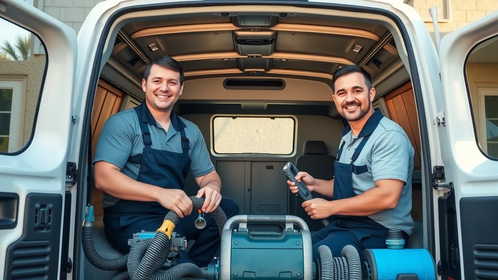 air duct cleaning Eustis technicians, service van, equipment setup, residential neighborhood, photorealistic