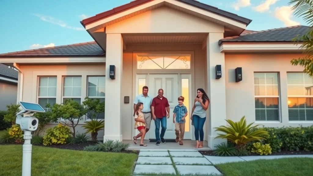 Modern Eustis home with smart security cameras, motion sensors, visible doorbell camera, and outdoor floodlights in a lush Florida neighborhood.