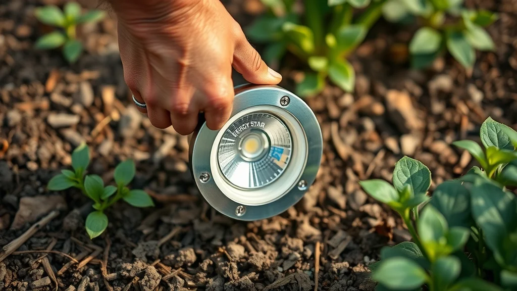 Close-up of a hand installing an LED landscape light fixture in a garden, gentle grip, photorealistic focus, visible wiring, Energy Star sticker, sharp macro detail, earthy textures, 100mm lens.