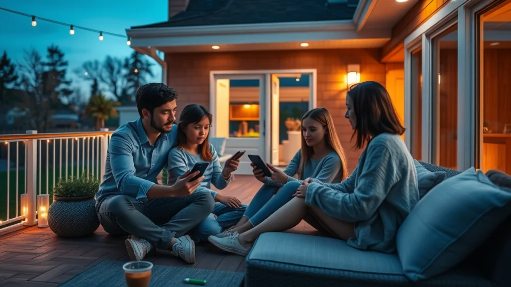 High-tech smart deck in Eustis at dusk, family using LED lighting and mobile controls, privacy panels and audio speakers visible.