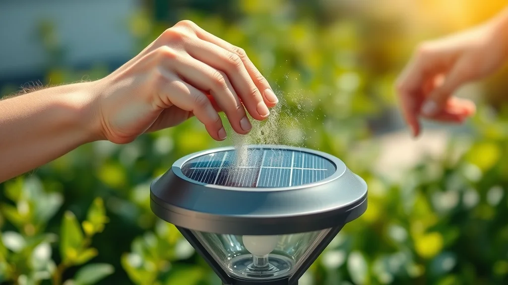 Hand cleaning dust off a small solar panel atop a garden lamp; focus on hands performing gentle maintenance to maximize solar light efficiency.